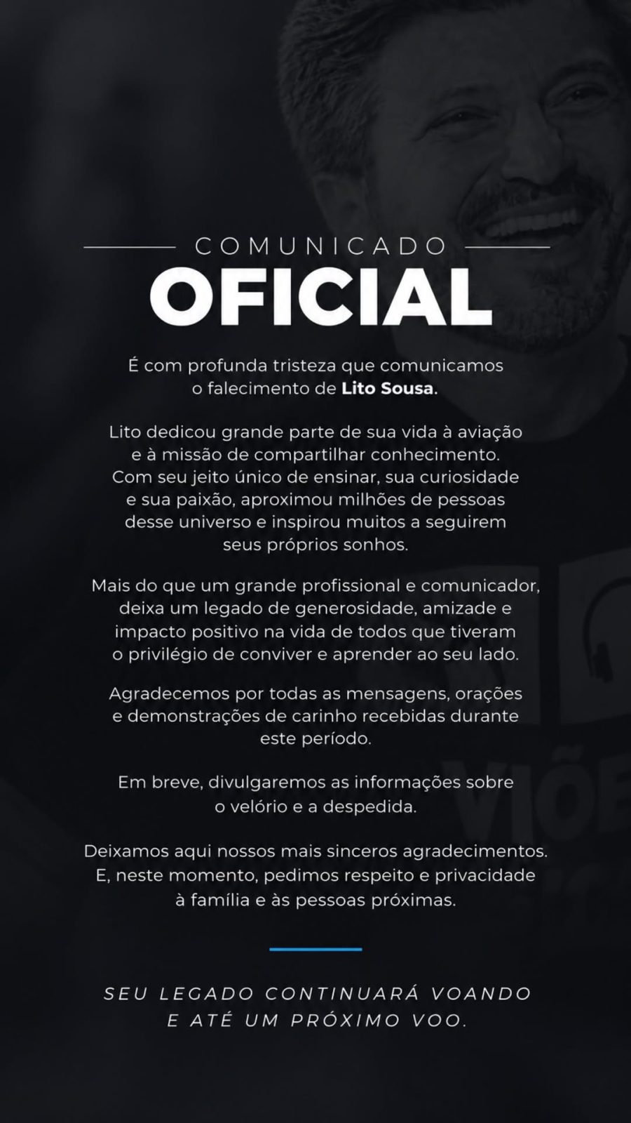 Comunicado oficial do falecimento do Lito