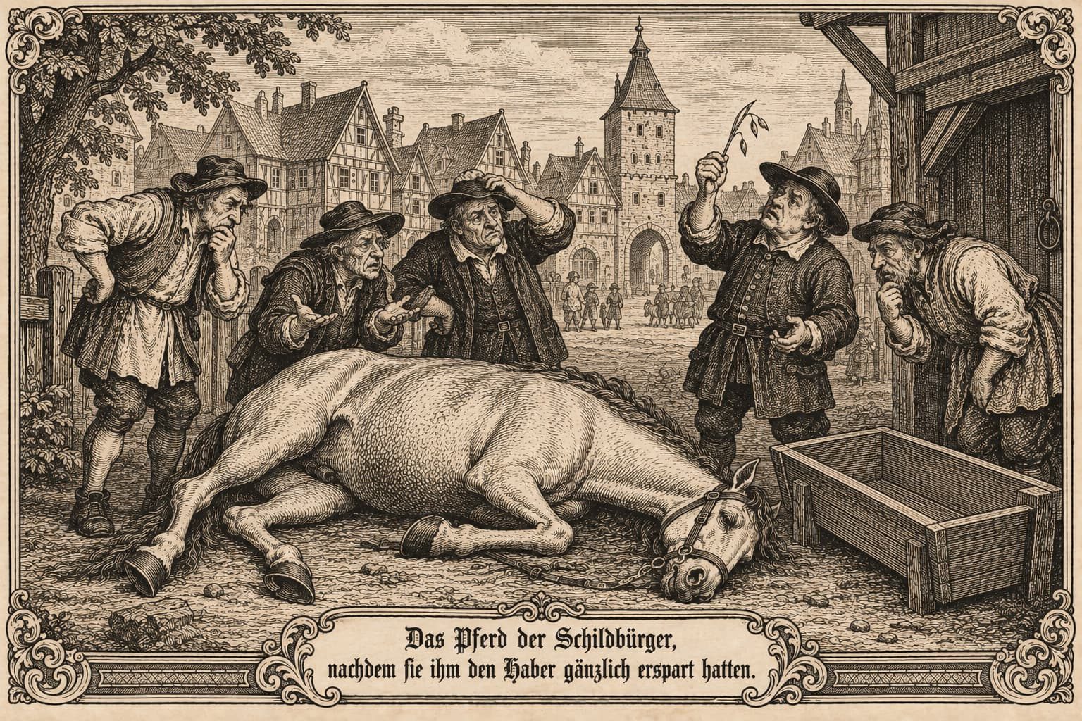 Uma gravura apócrifa da história do cavalo de Schilda